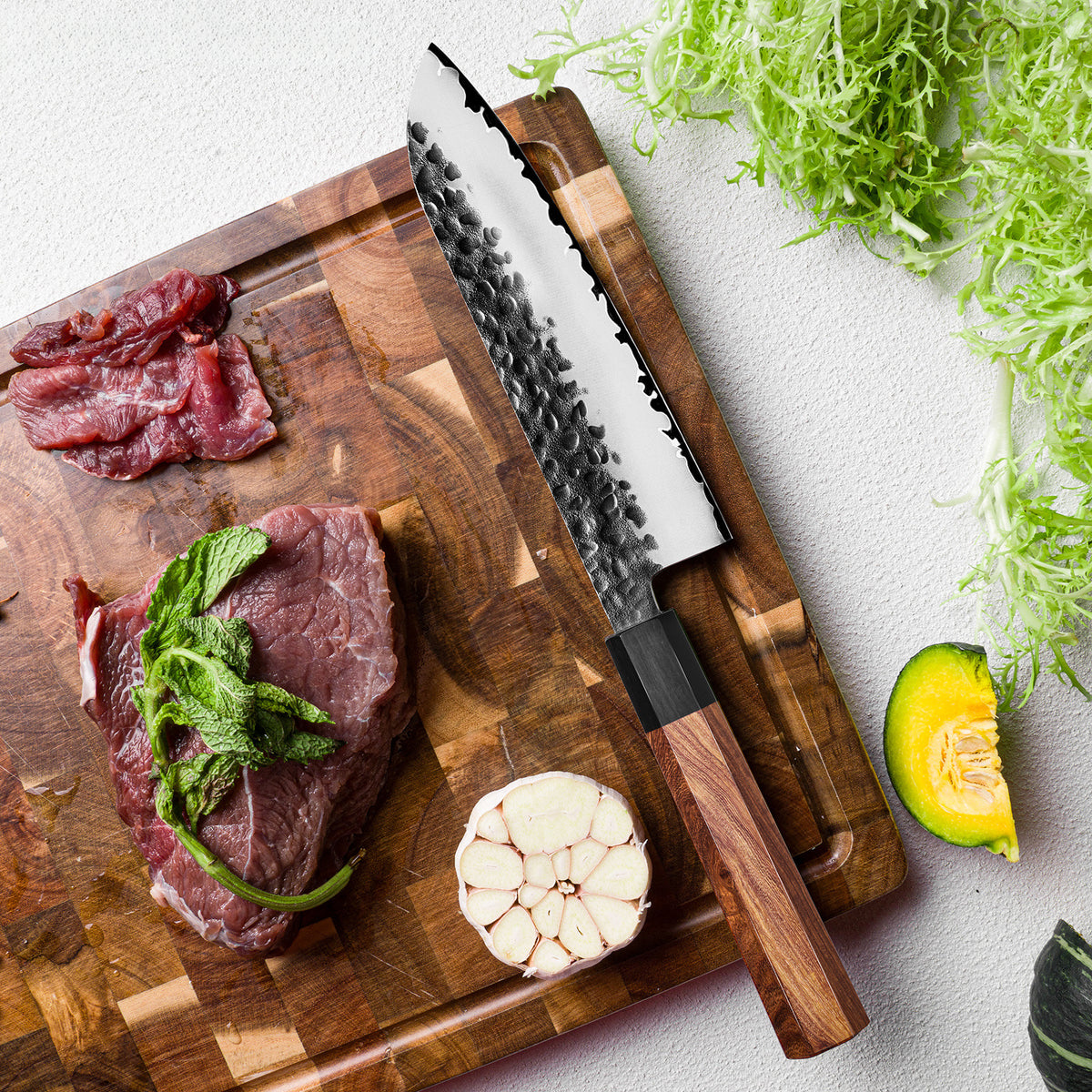 ARTIDGE Professional Santoku Knife San Mai Steel - 170mm HRC60-62 High Carbon Steel Blade, Hand-Forged Hammered Texture, Ebony & Red Sandalwood Handle - Precision Kitchen Knife for Meat, Fish & Vegetables-Yin Series