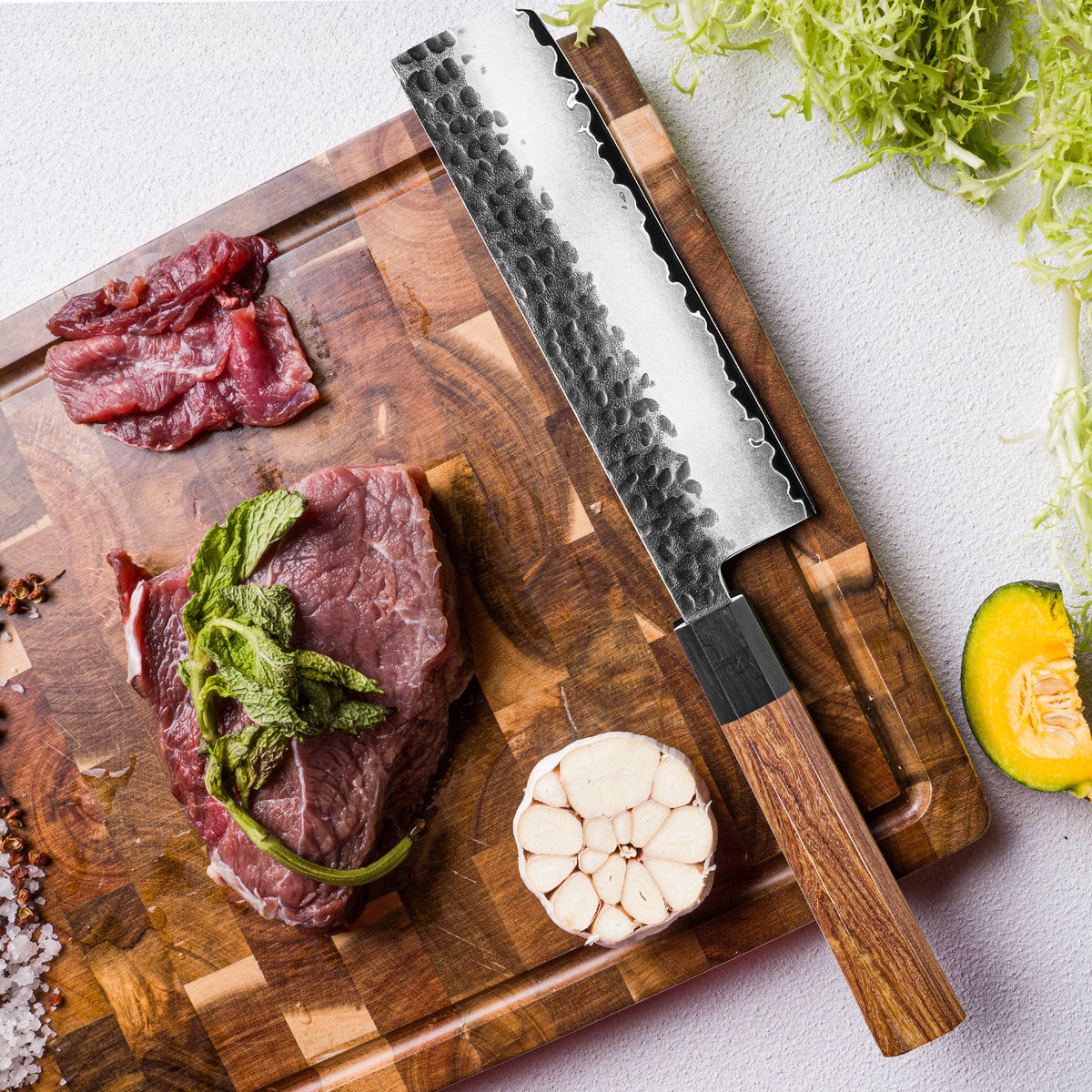 ARTIDGE Professional 6-Piece Knife Set San Mai Steel– 90Cr18Mov High Carbon Steel, HRC60-62, Ebony & Red Sandalwood Handles, Hand-Forged Damascus Hammered Blades - Yin Series