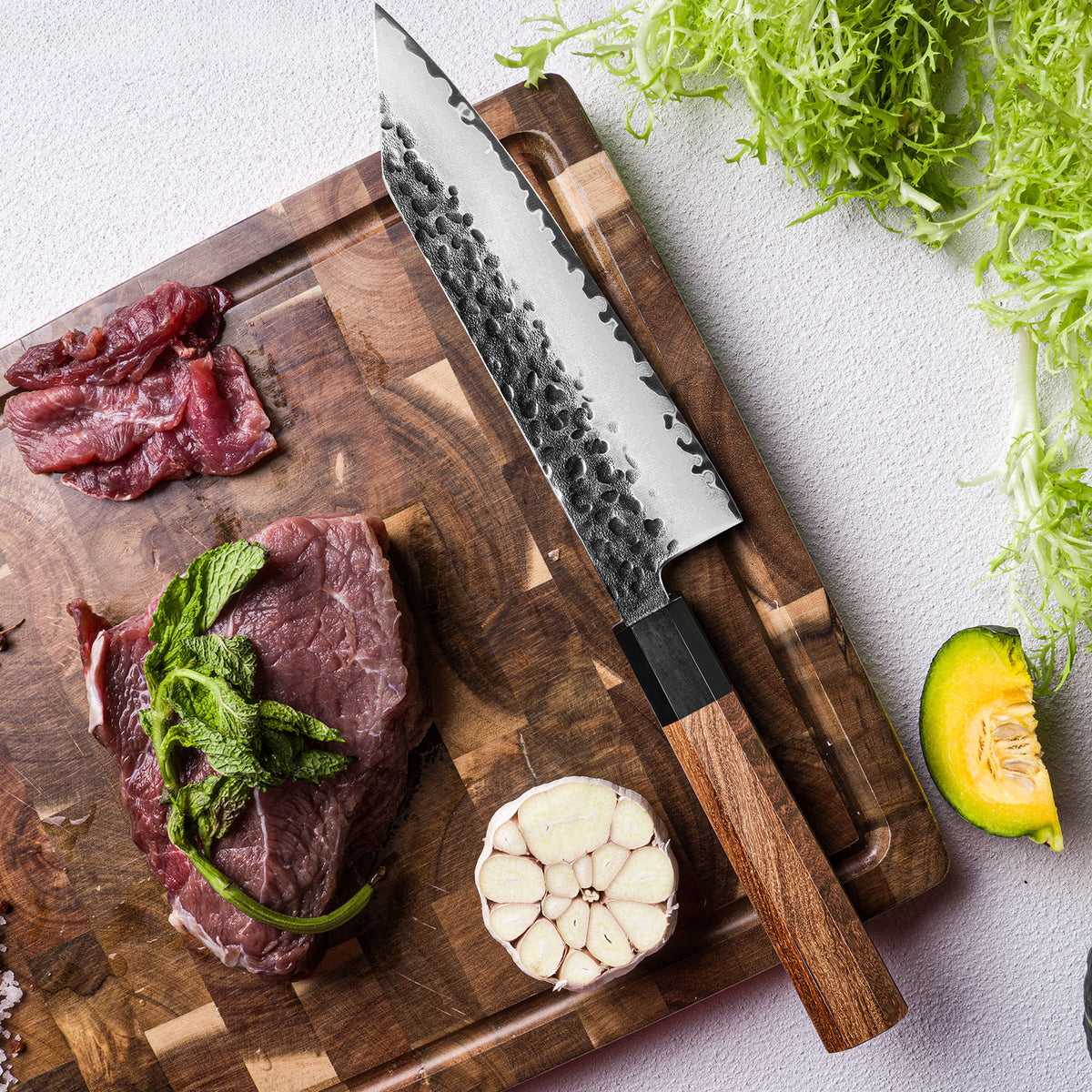 ARTIDGE Professional Kiritsuke Chef Knife San Mai Steel - 180mm 90Cr18Mov High Carbon Steel Blade, HRC60-62, Ebony & Red Sandalwood Handle, Precision Balanced Design - Yin Series