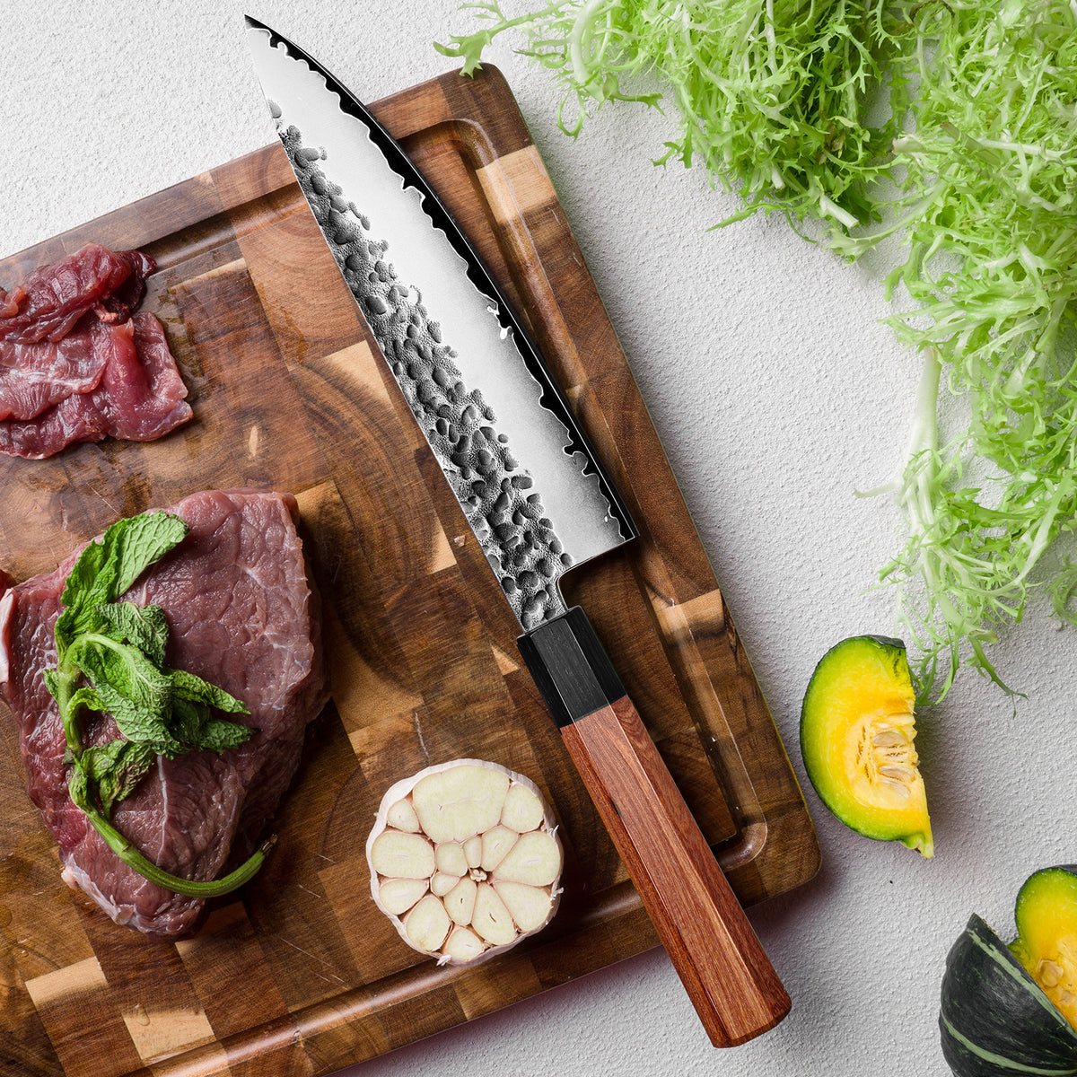 ARTIDGE Professional Chef Knife San Mai Steel - 200mm 90Cr18Mov High Carbon Steel Blade, HRC60-62, Ebony & Red Sandalwood Handle, Hand-Forged with Hammered Texture - Yin Series