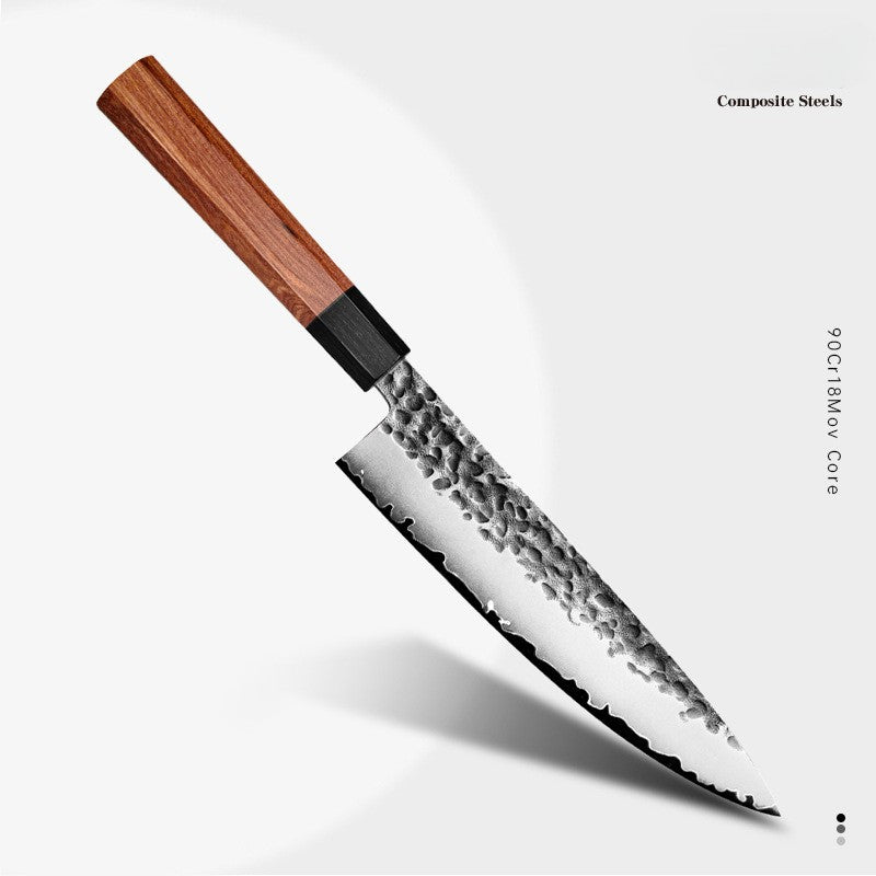 ARTIDGE Professional Chef Knife San Mai Steel - 200mm 90Cr18Mov High Carbon Steel Blade, HRC60-62, Ebony & Red Sandalwood Handle, Hand-Forged with Hammered Texture - Yin Series