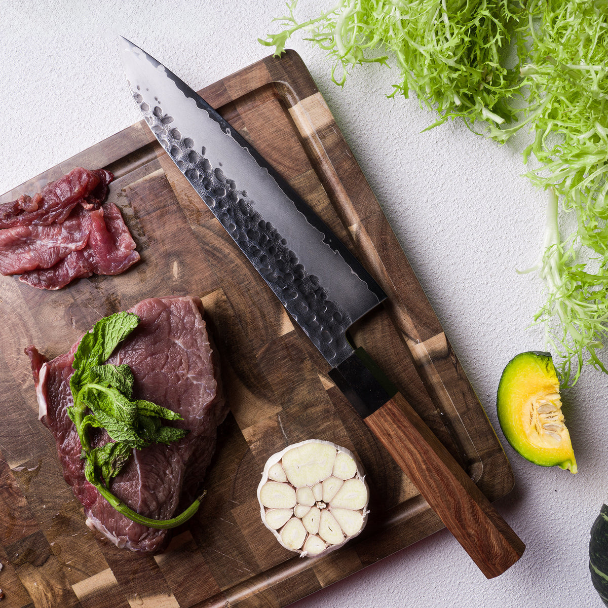 ARTIDGE Gyutou Chef Knife San Mai Steel - 210mm 90Cr18Mov High Carbon Steel, HRC60-62, Ebony & Red Sandalwood Handle, Hand-Forged Hammered Blade - Yin Series