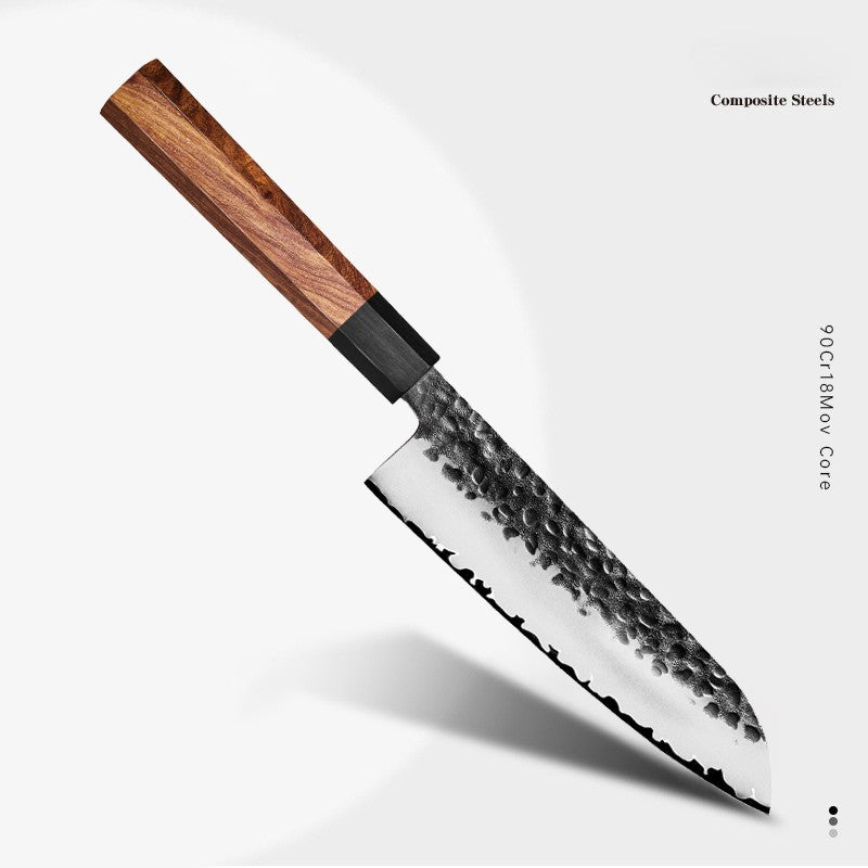 ARTIDGE Professional Santoku Knife San Mai Steel - 170mm HRC60-62 High Carbon Steel Blade, Hand-Forged Hammered Texture, Ebony & Red Sandalwood Handle - Precision Kitchen Knife for Meat, Fish & Vegetables-Yin Series