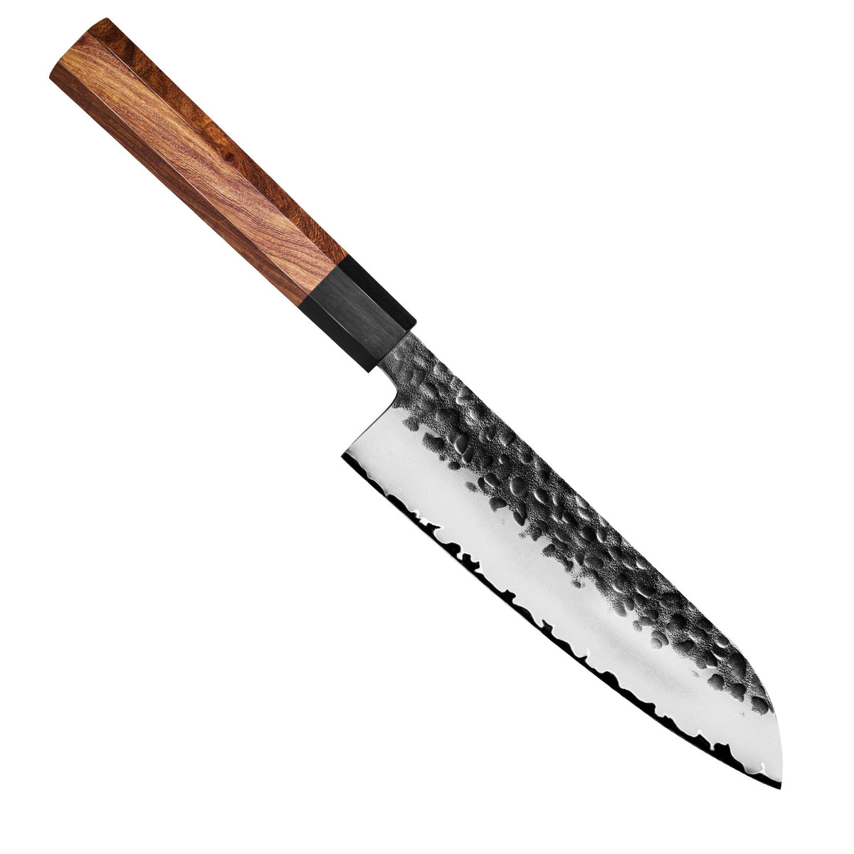 ARTIDGE Professional Santoku Knife San Mai Steel - 170mm HRC60-62 High Carbon Steel Blade, Hand-Forged Hammered Texture, Ebony & Red Sandalwood Handle - Precision Kitchen Knife for Meat, Fish & Vegetables-Yin Series