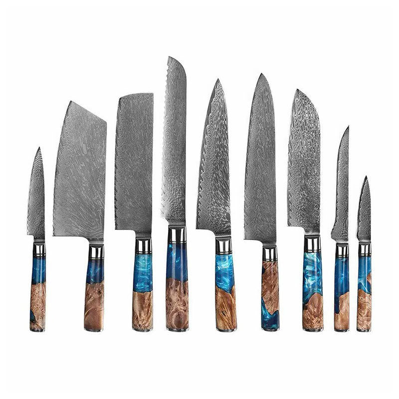 ARTIDGE Damascus Kitchen Knife Set, Each Blade with Chinese VG-10 Super 67-layer Damascus Steel, Hardness Reaches 62+HRC, Ergonomic Blue Resin Wooden Handle & Gift Box-Bei02 Series