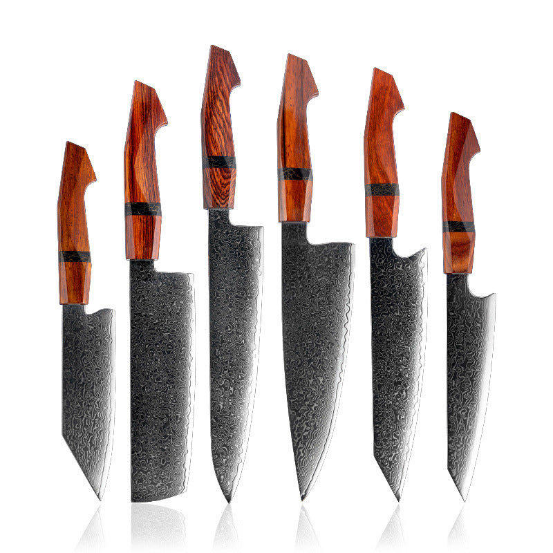 ARTIDGE 6-Piece Damascus Kitchen Knife Set – 6 PCS Chef Knife Set with Sandalwood Handle, 67-Layer 10Cr15CoMoV Damascus Steel, V-Shape 12° Edge, Flat Grind, Razor Sharp, Ergonomic Grip, Gift Box Included - Glow Series
