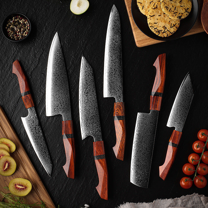 ARTIDGE 6-Piece Damascus Kitchen Knife Set – 6 PCS Chef Knife Set with Sandalwood Handle, 67-Layer 10Cr15CoMoV Damascus Steel, V-Shape 12° Edge, Flat Grind, Razor Sharp, Ergonomic Grip, Gift Box Included - Glow Series