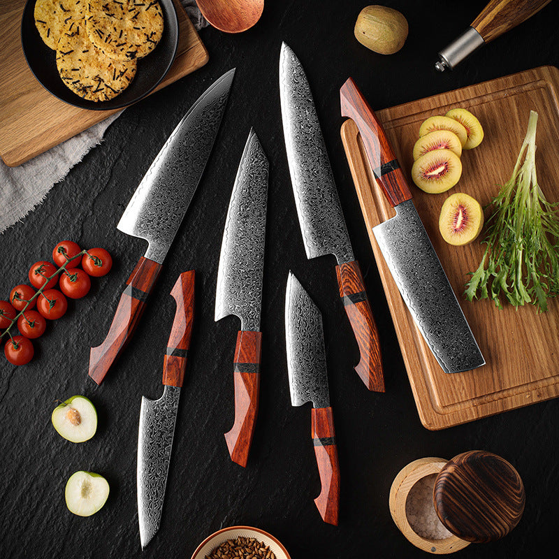ARTIDGE 6-Piece Damascus Kitchen Knife Set – 6 PCS Chef Knife Set with Sandalwood Handle, 67-Layer 10Cr15CoMoV Damascus Steel, V-Shape 12° Edge, Flat Grind, Razor Sharp, Ergonomic Grip, Gift Box Included - Glow Series