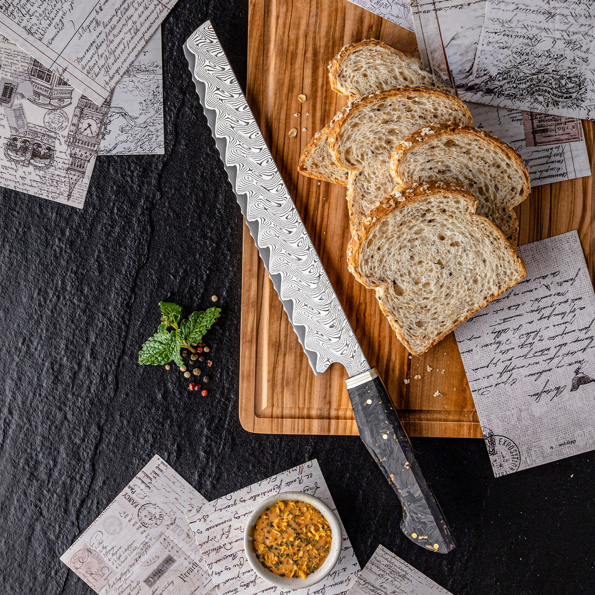 ARTIDGE 9.5" Bread Knife,67-Layer Damascus Steel with AUS-10 Japanese Steel Core, Ultra Sharp Kitchen Knife with Carbon Fiber & Gold-Foil Handle, 60±2 HRC, V-Shape Grinding Edge for Precision Cutting - Zest Series