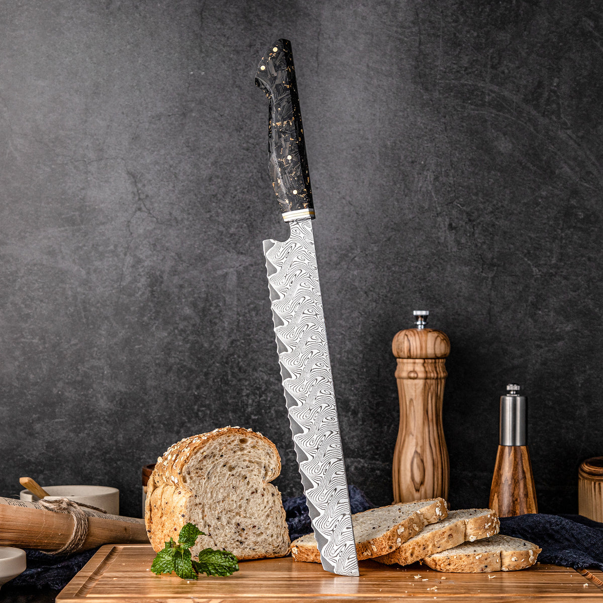 ARTIDGE 9.5" Bread Knife,67-Layer Damascus Steel with AUS-10 Japanese Steel Core, Ultra Sharp Kitchen Knife with Carbon Fiber & Gold-Foil Handle, 60±2 HRC, V-Shape Grinding Edge for Precision Cutting - Zest Series