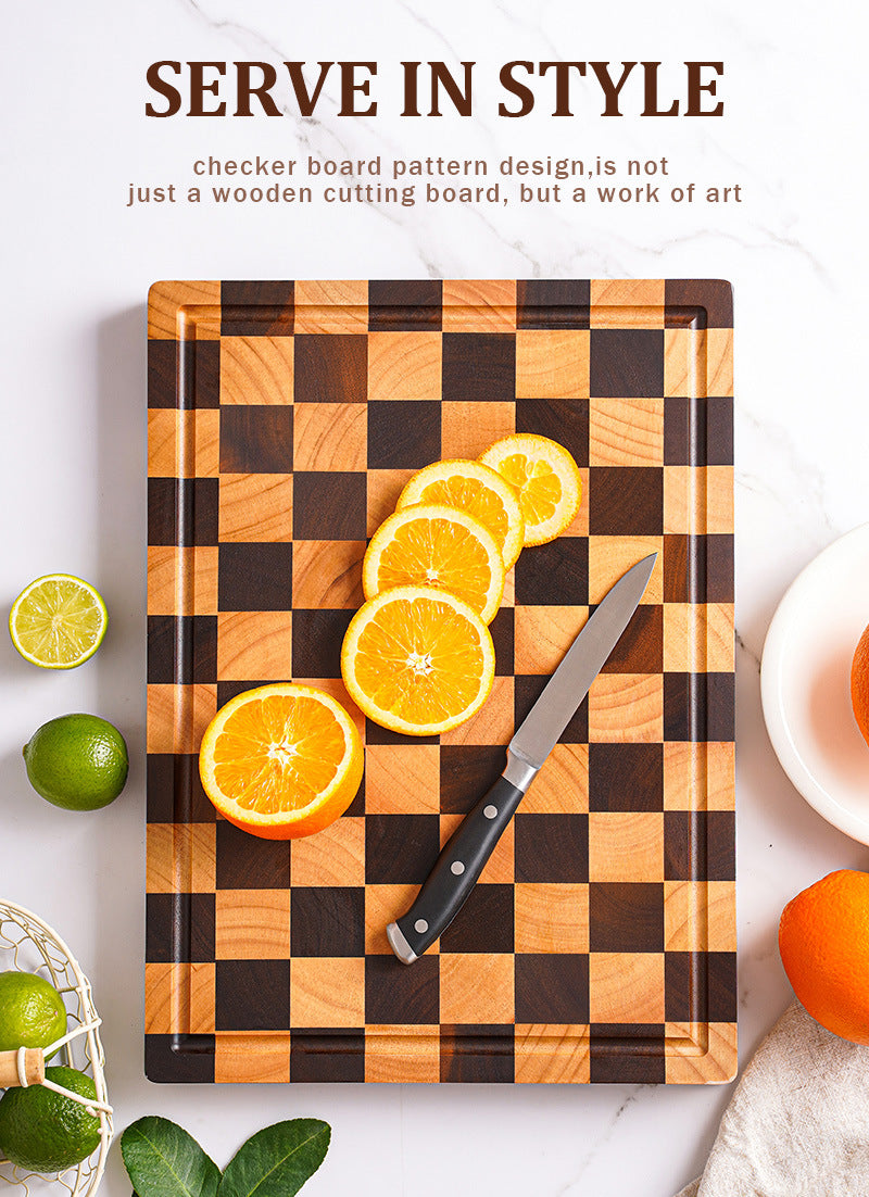 Carbonized Acacia Wood Cutting Board – 3.0cm Extra Thick, Deep Juice Groove, Checkerboard Art Design, Built-In Handles – Perfect Kitchen Gift