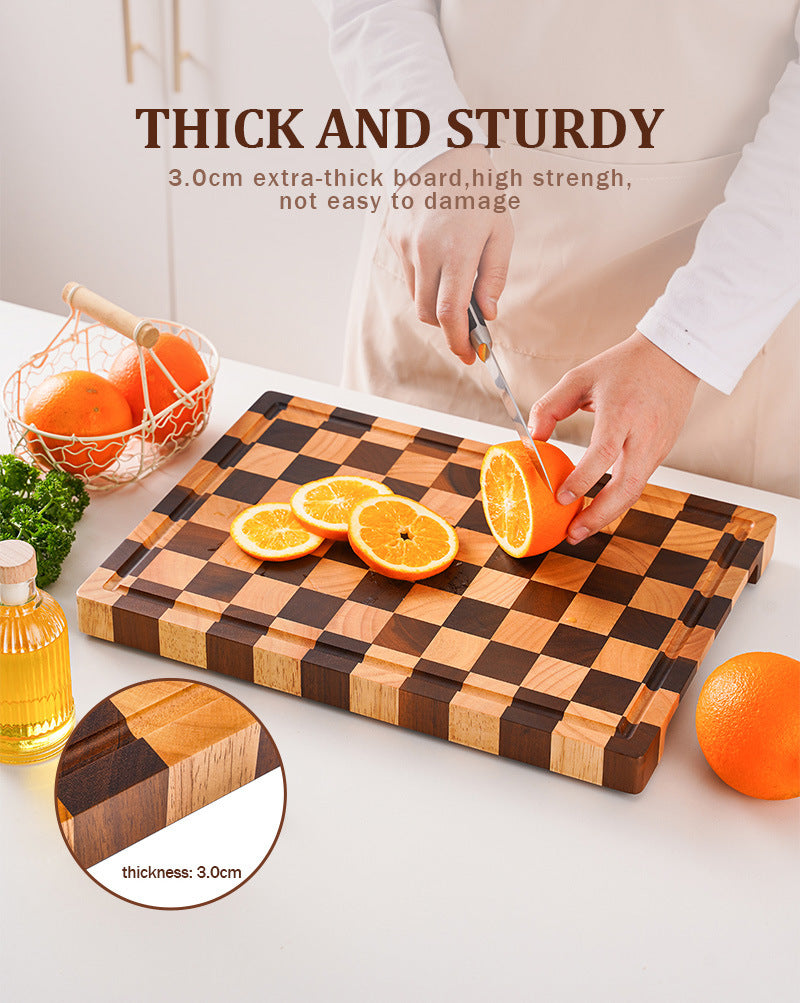 Carbonized Acacia Wood Cutting Board – 3.0cm Extra Thick, Deep Juice Groove, Checkerboard Art Design, Built-In Handles – Perfect Kitchen Gift