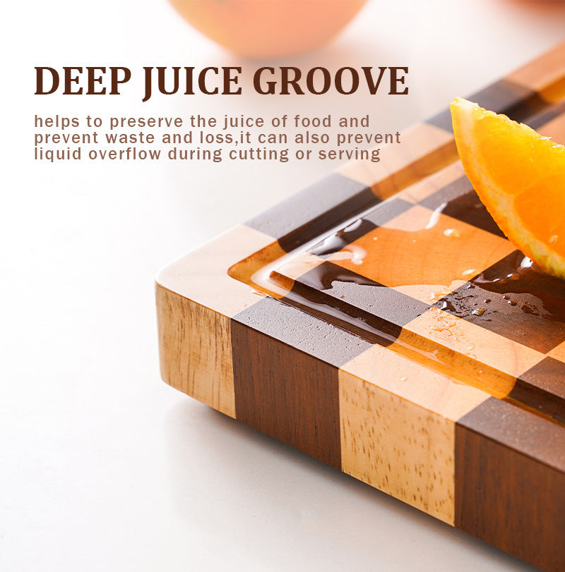 Carbonized Acacia Wood Cutting Board – 3.0cm Extra Thick, Deep Juice Groove, Checkerboard Art Design, Built-In Handles – Perfect Kitchen Gift