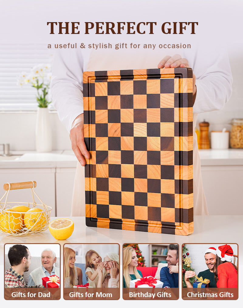 Carbonized Acacia Wood Cutting Board – 3.0cm Extra Thick, Deep Juice Groove, Checkerboard Art Design, Built-In Handles – Perfect Kitchen Gift