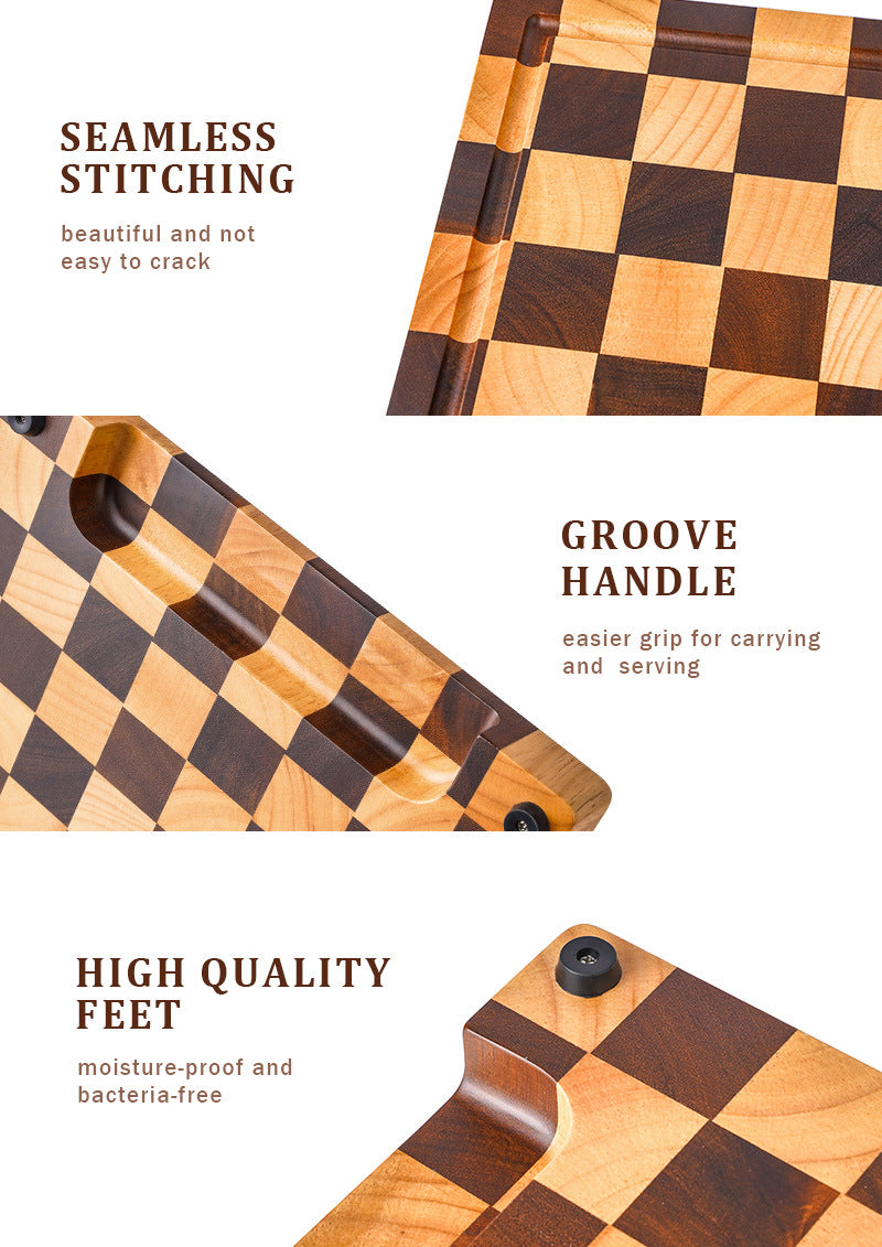 Carbonized Acacia Wood Cutting Board – 3.0cm Extra Thick, Deep Juice Groove, Checkerboard Art Design, Built-In Handles – Perfect Kitchen Gift