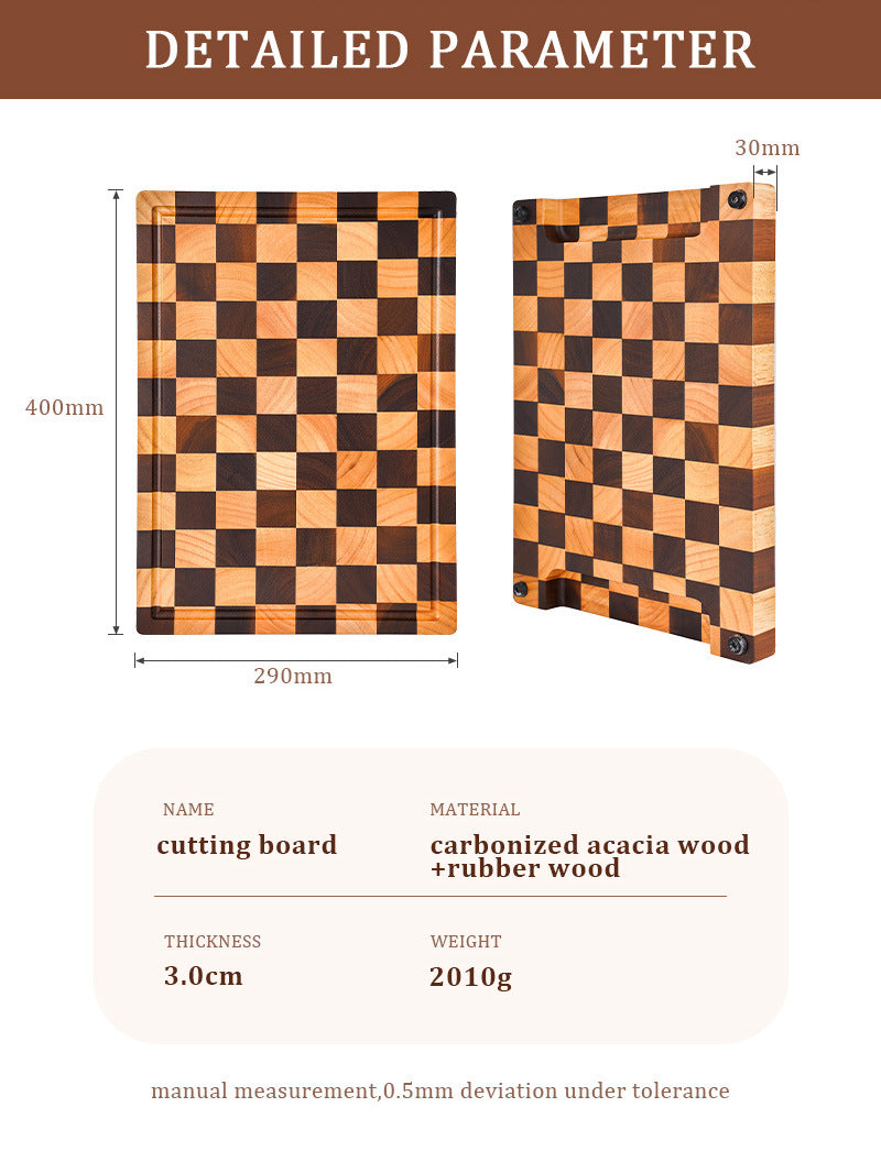 Carbonized Acacia Wood Cutting Board – 3.0cm Extra Thick, Deep Juice Groove, Checkerboard Art Design, Built-In Handles – Perfect Kitchen Gift