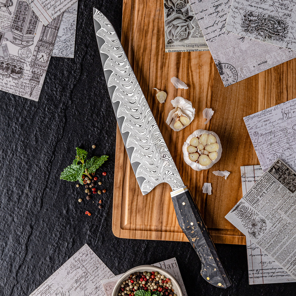 ARTIDGE 9.4" Gyutou Knife,67-Layer Damascus Steel with AUS-10 Japanese Steel Core, Ultra Sharp Kitchen Knife with Carbon Fiber & Gold-Foil Handle, 60±2 HRC, V-Shape Grinding Edge for Precision Cutting - Zest Series