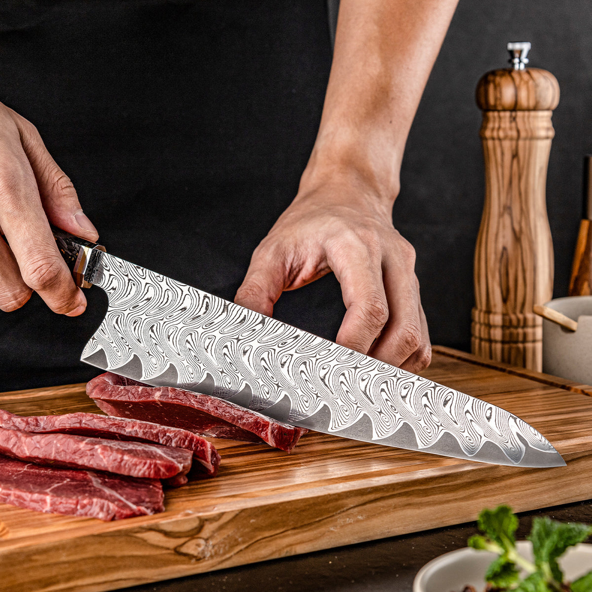 ARTIDGE 9.4" Gyutou Knife,67-Layer Damascus Steel with AUS-10 Japanese Steel Core, Ultra Sharp Kitchen Knife with Carbon Fiber & Gold-Foil Handle, 60±2 HRC, V-Shape Grinding Edge for Precision Cutting - Zest Series