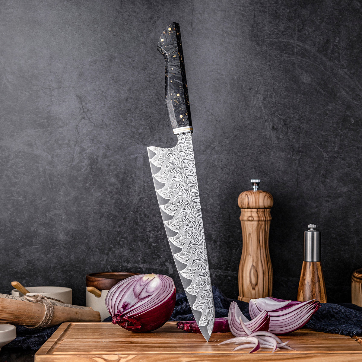 ARTIDGE 9.4" Gyutou Knife,67-Layer Damascus Steel with AUS-10 Japanese Steel Core, Ultra Sharp Kitchen Knife with Carbon Fiber & Gold-Foil Handle, 60±2 HRC, V-Shape Grinding Edge for Precision Cutting - Zest Series