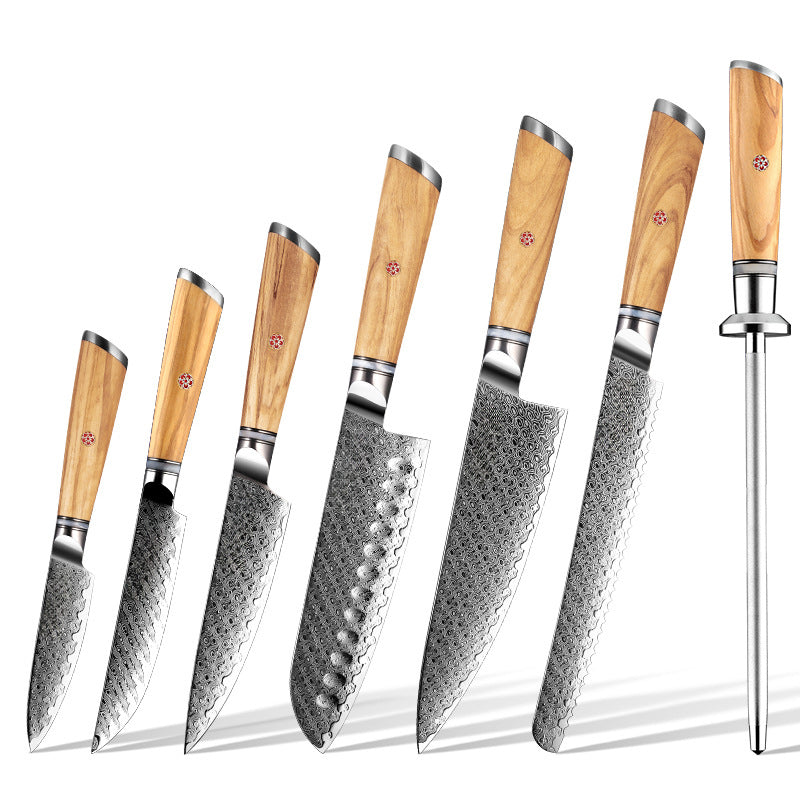 ARTIDGE 7-Piece Kitchen Knife Set 67 Layers Damascus Steel with AUS-10 Steel Core and Olive Wood Handle, Premium Sharpness, Ergonomic Design with a Hardness of 60±2 HRC - Pure Series