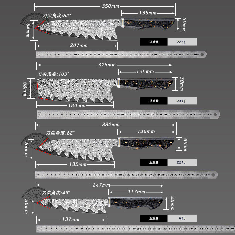 ARTIDGE Kitchen Knife Set,67-Layer Damascus Steel with AUS-10 Japanese Steel Core, Ultra Sharp Kitchen Knife with Carbon Fiber & Gold-Foil Handle, 60±2 HRC, V-Shape Grinding Edge for Precision Cutting - Zest Series