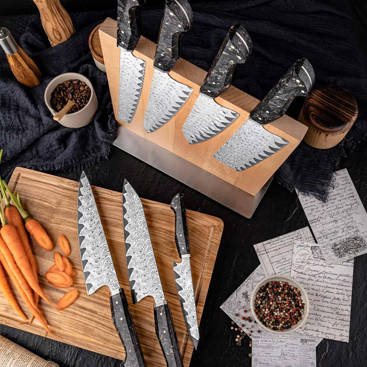 ARTIDGE Kitchen Knife Set,67-Layer Damascus Steel with AUS-10 Japanese Steel Core, Ultra Sharp Kitchen Knife with Carbon Fiber & Gold-Foil Handle, 60±2 HRC, V-Shape Grinding Edge for Precision Cutting - Zest Series