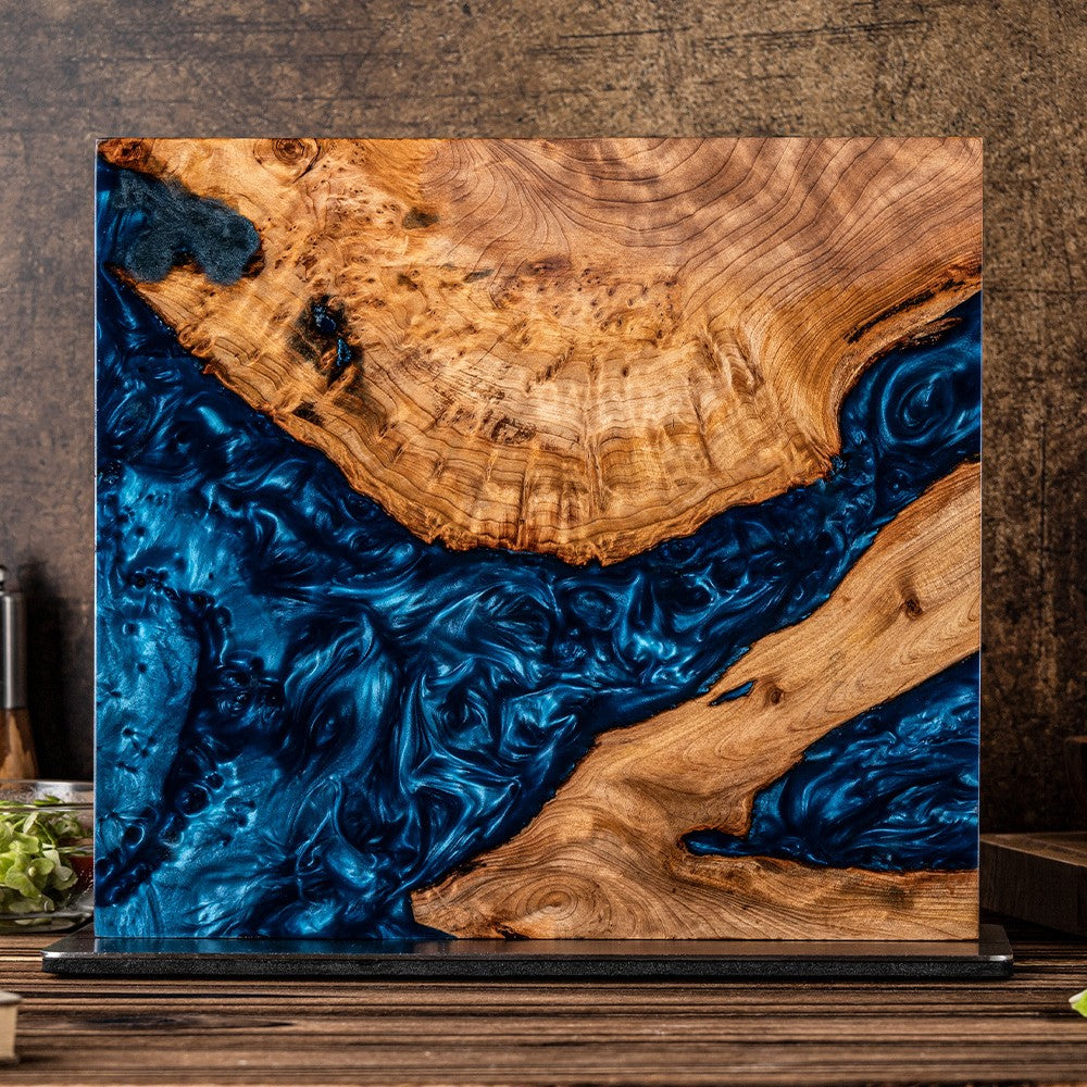 ARTIDGE Luxury Magnetic Knife Block – Handcrafted Blue Resin & Burl Wood Knife Holder with Anti-Slip Metal Base, Premium Knife Stand for Elegant Kitchen Display & Organization