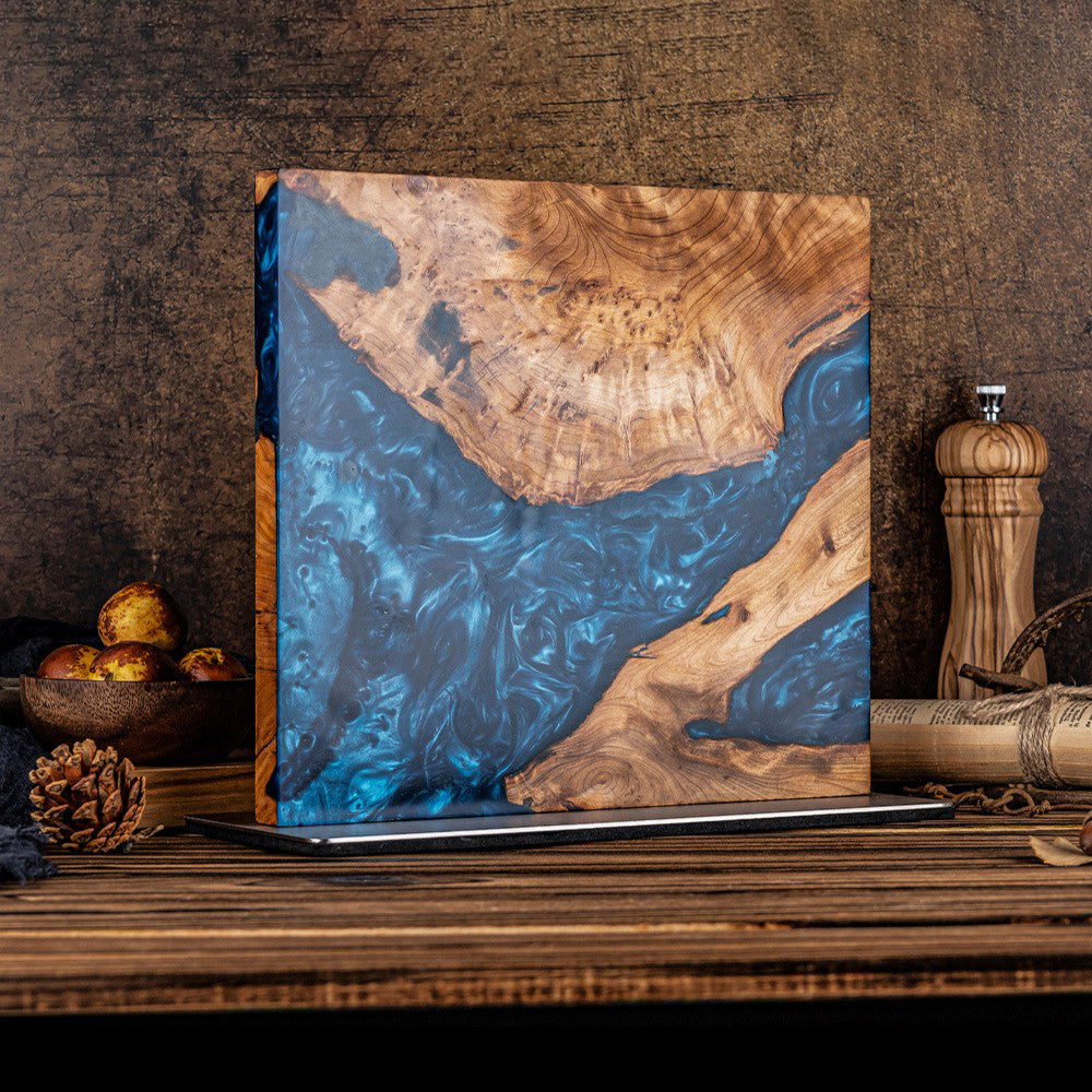 ARTIDGE Luxury Magnetic Knife Block – Handcrafted Blue Resin & Burl Wood Knife Holder with Anti-Slip Metal Base, Premium Knife Stand for Elegant Kitchen Display & Organization