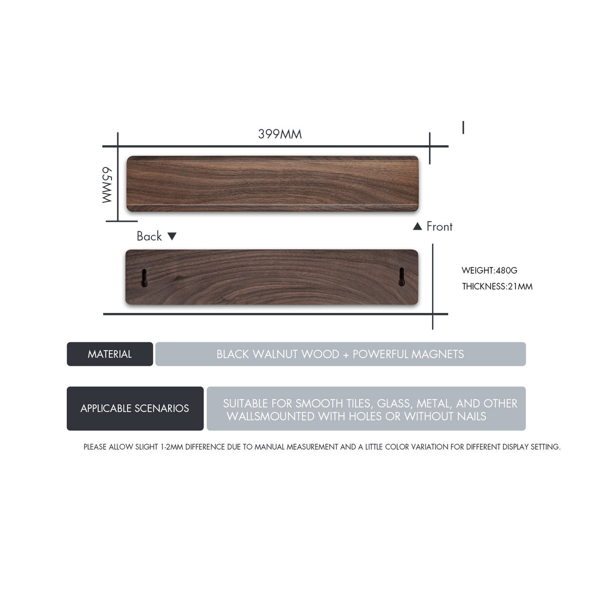 ARTIDGE Powerful Magnetic Knife Strip Holder 100% Walnut Wood, 16/18 Inch Eco-friendly Magnetic Knives Strip for Wall, Utensils, and Tools, Easy No-Drill Installation Includes Adhesive & Screws