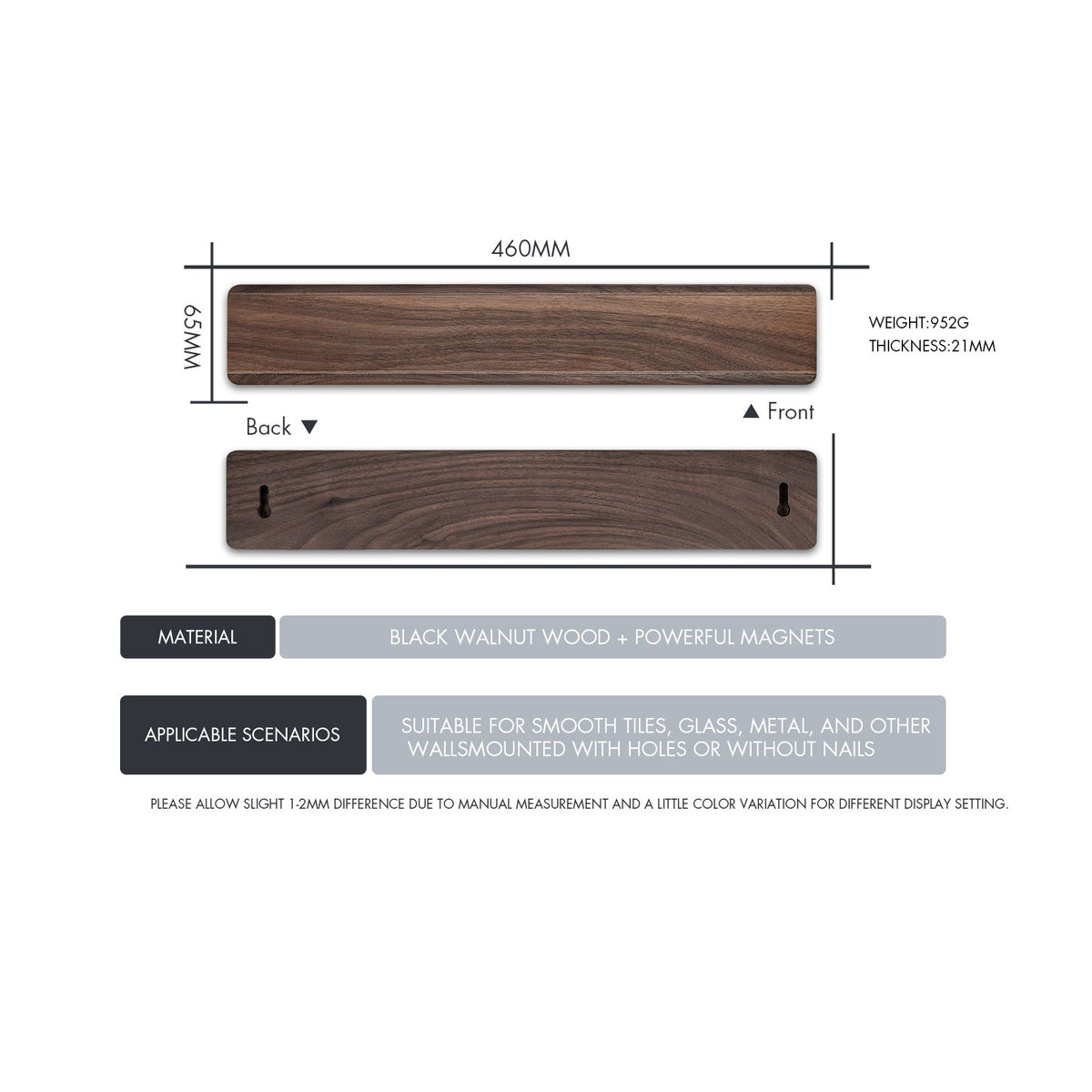 ARTIDGE Powerful Magnetic Knife Strip Holder 100% Walnut Wood, 16/18 Inch Eco-friendly Magnetic Knives Strip for Wall, Utensils, and Tools, Easy No-Drill Installation Includes Adhesive & Screws