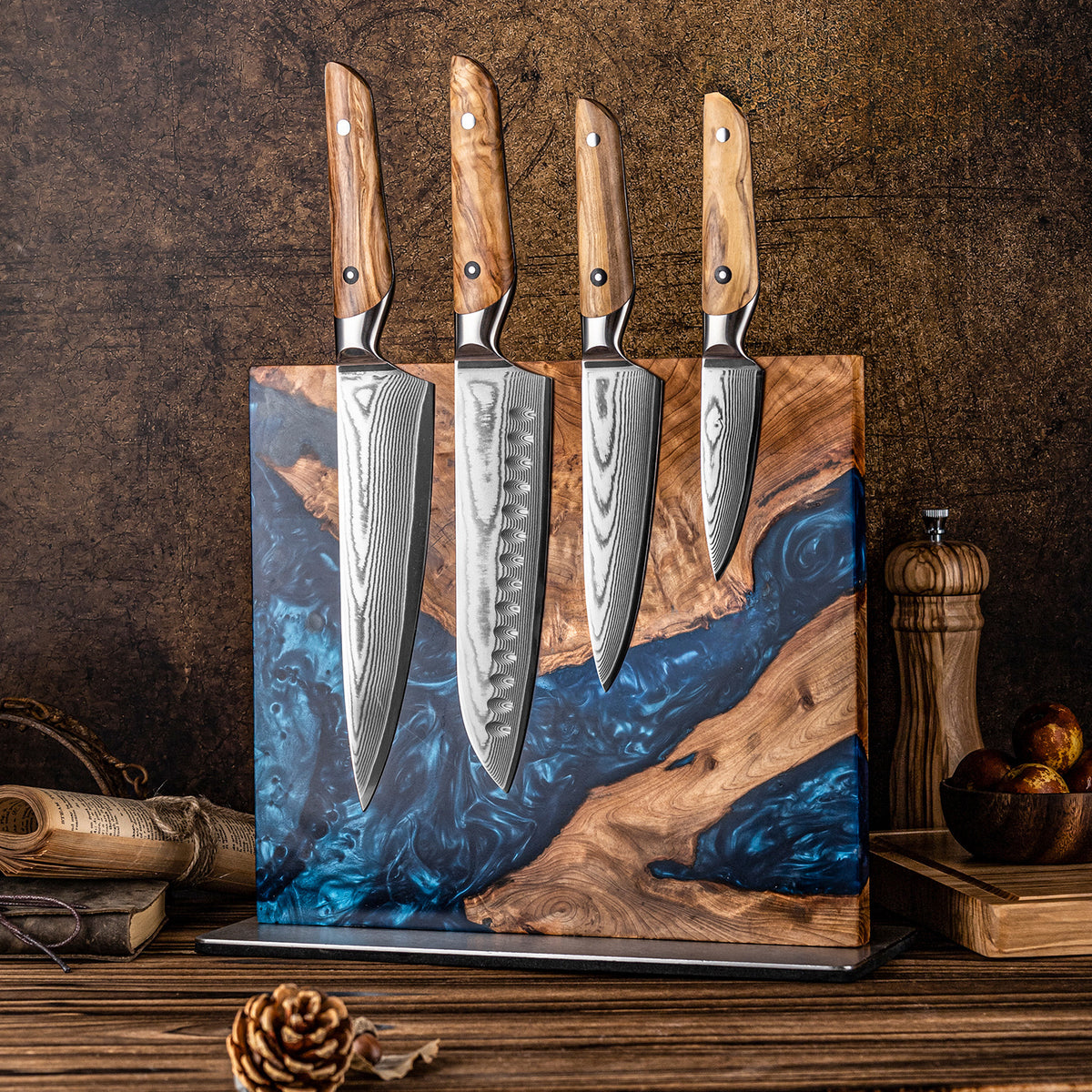 ARTIDGE Luxury Magnetic Knife Block – Handcrafted Blue Resin & Burl Wood Knife Holder with Anti-Slip Metal Base, Premium Knife Stand for Elegant Kitchen Display & Organization