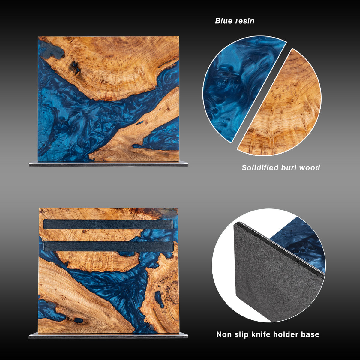 ARTIDGE Luxury Magnetic Knife Block – Handcrafted Blue Resin & Burl Wood Knife Holder with Anti-Slip Metal Base, Premium Knife Stand for Elegant Kitchen Display & Organization