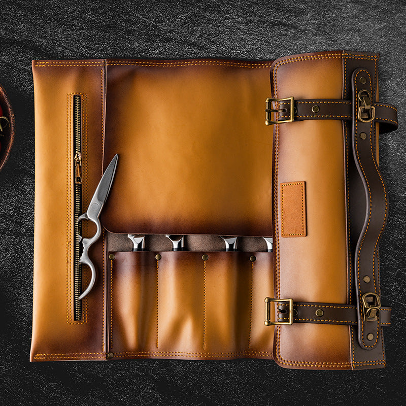 Premium Genuine Leather Chef Knife Roll Bag - Portable Storage with Custom Logo, Adjustable Leather Strap & Durable Rings for Professional Chefs and Home Cooks