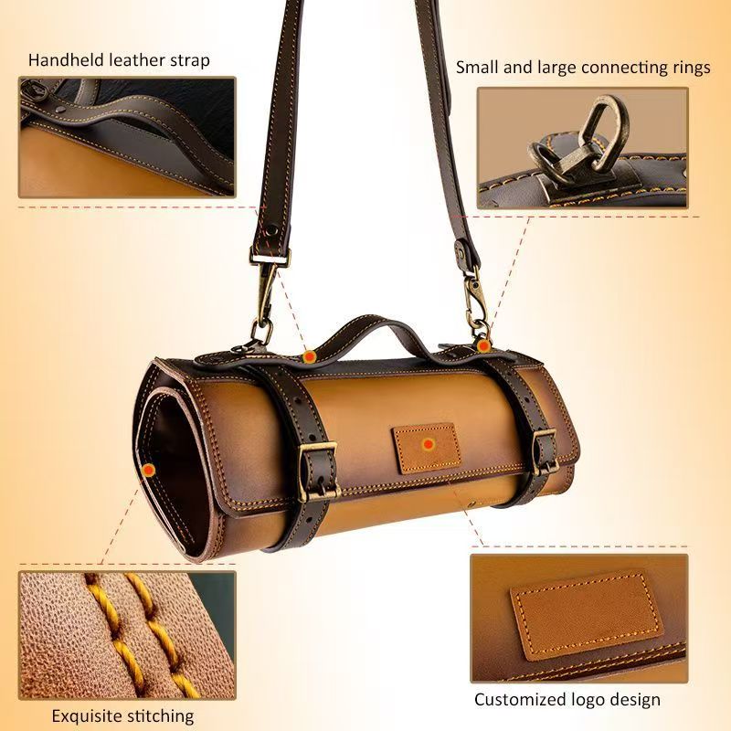 Premium Genuine Leather Chef Knife Roll Bag - Portable Storage with Custom Logo, Adjustable Leather Strap & Durable Rings for Professional Chefs and Home Cooks