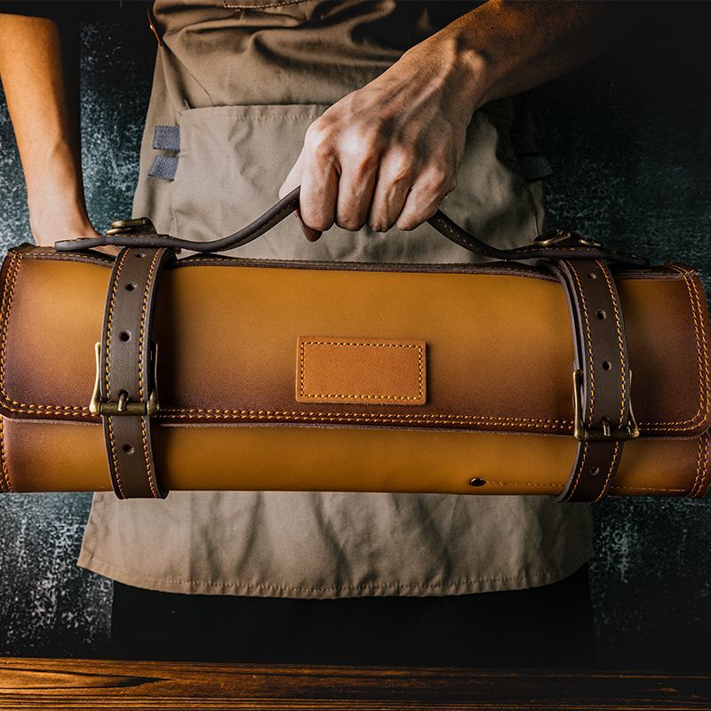 Premium Genuine Leather Chef Knife Roll Bag - Portable Storage with Custom Logo, Adjustable Leather Strap & Durable Rings for Professional Chefs and Home Cooks