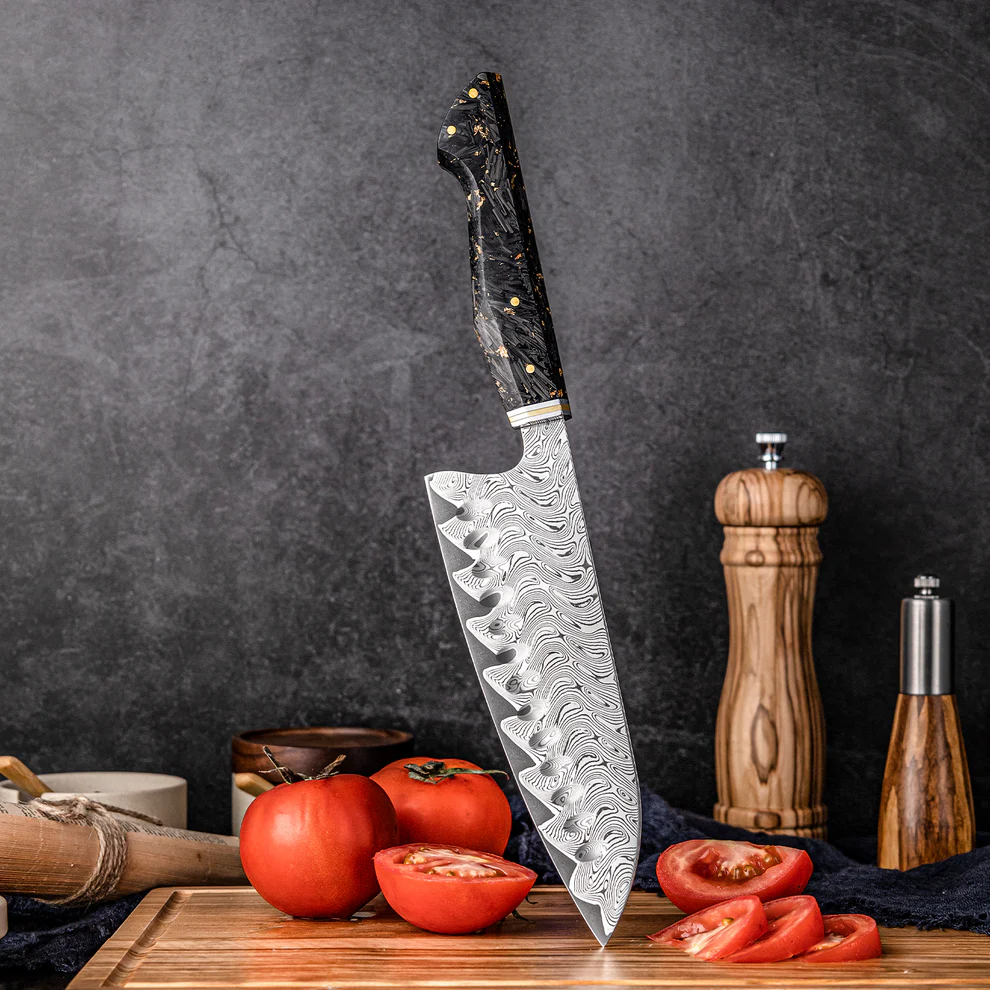 ARTIDGE 7.3" Santoku Knife,67-Layer Damascus Steel with AUS-10 Japanese Steel Core, Ultra Sharp Kitchen Knife with Carbon Fiber & Gold-Foil Handle, 60±2 HRC, V-Shape Grinding Edge for Precision Cutting - Zest Series