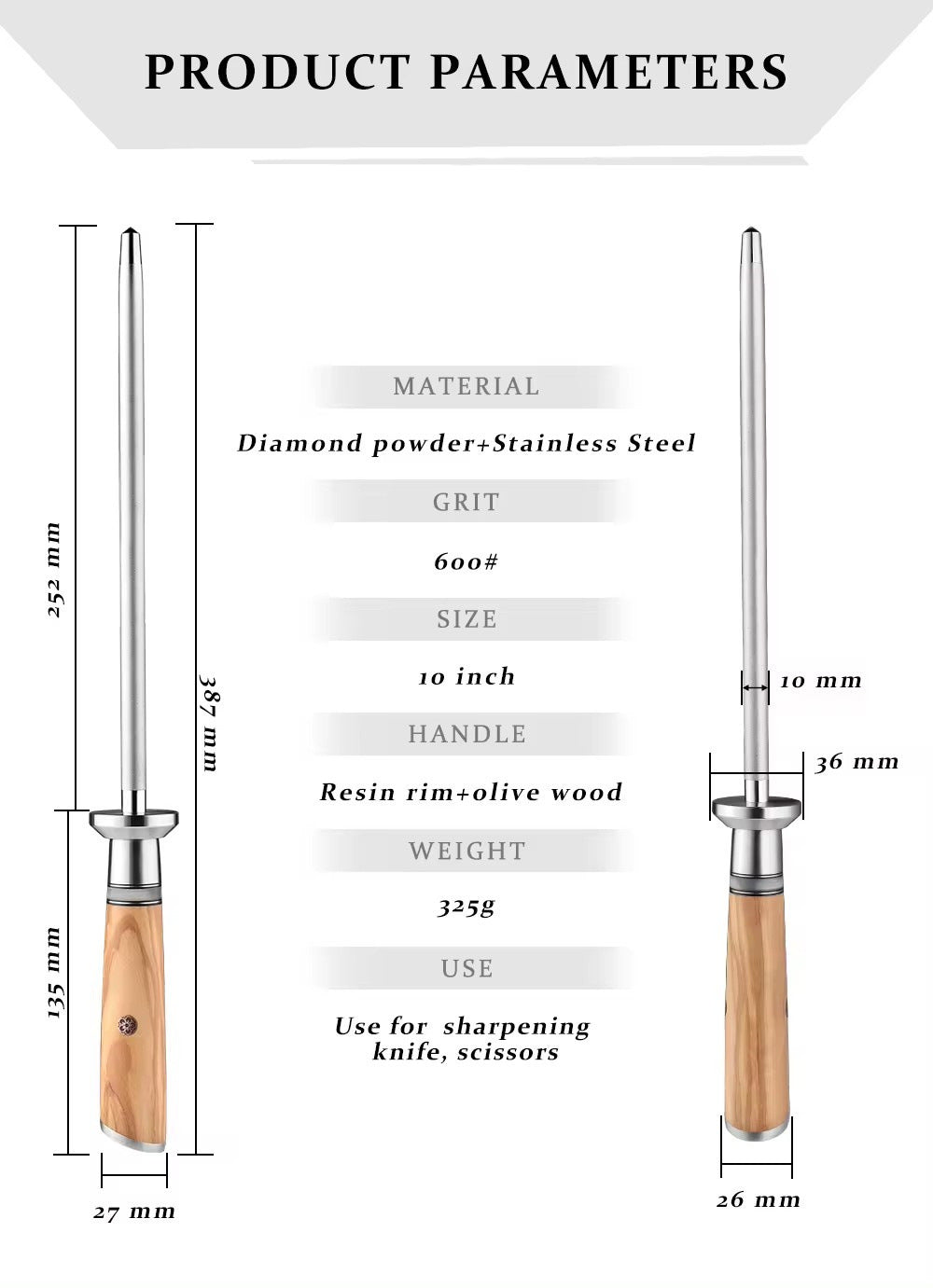 ARTIDGE 10" Diamond Sharpening Rod - 600 Grit Honing Professional Knife Sharpener with resin rim & Olive Wood Handle - Pure Series