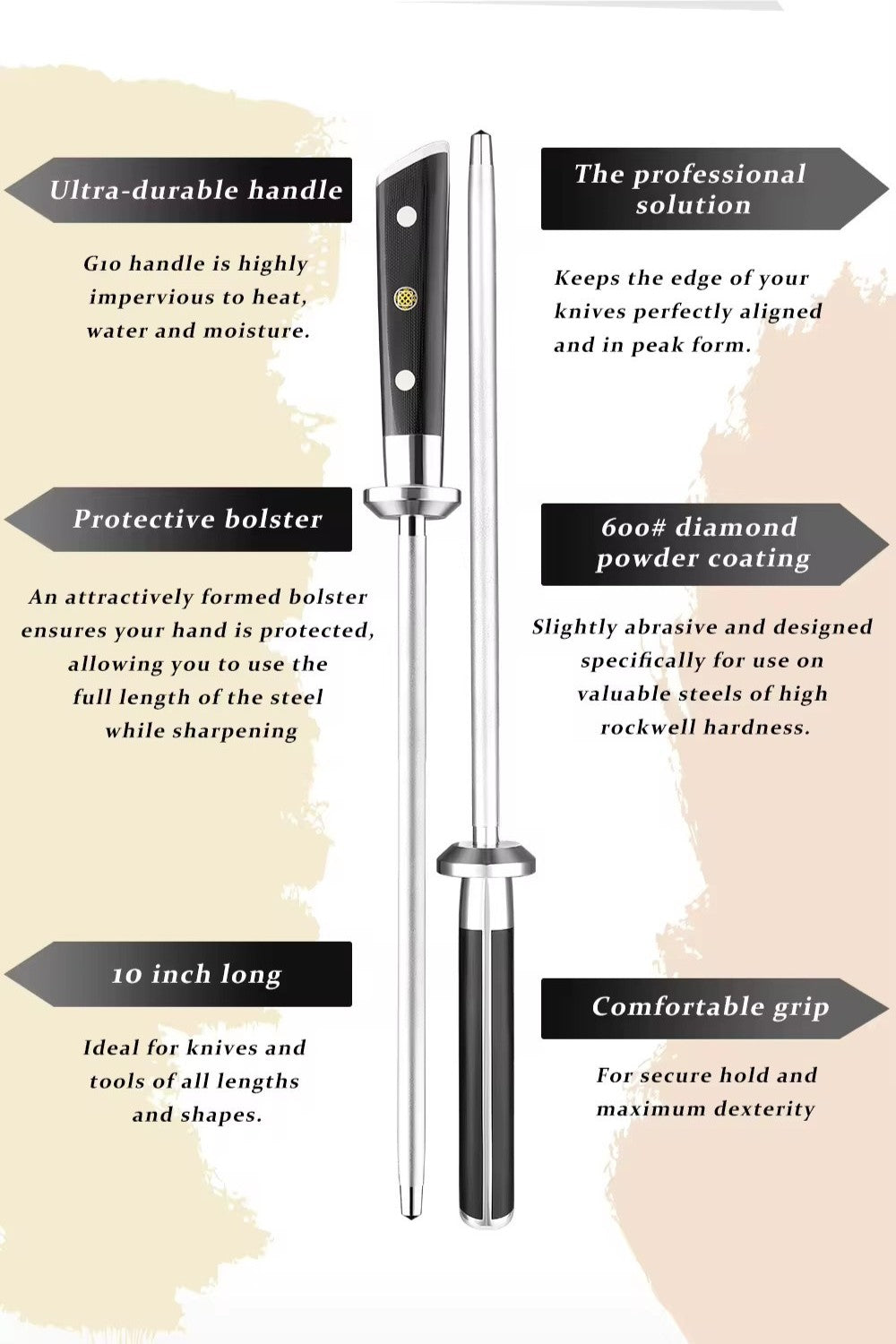 ARTIDGE 10-Inch Diamond Sharpening Rod – 600 Grit Honing Steel with G10 Handle – Professional Knife Sharpener Tool for Kitchen Knives - Dang Series