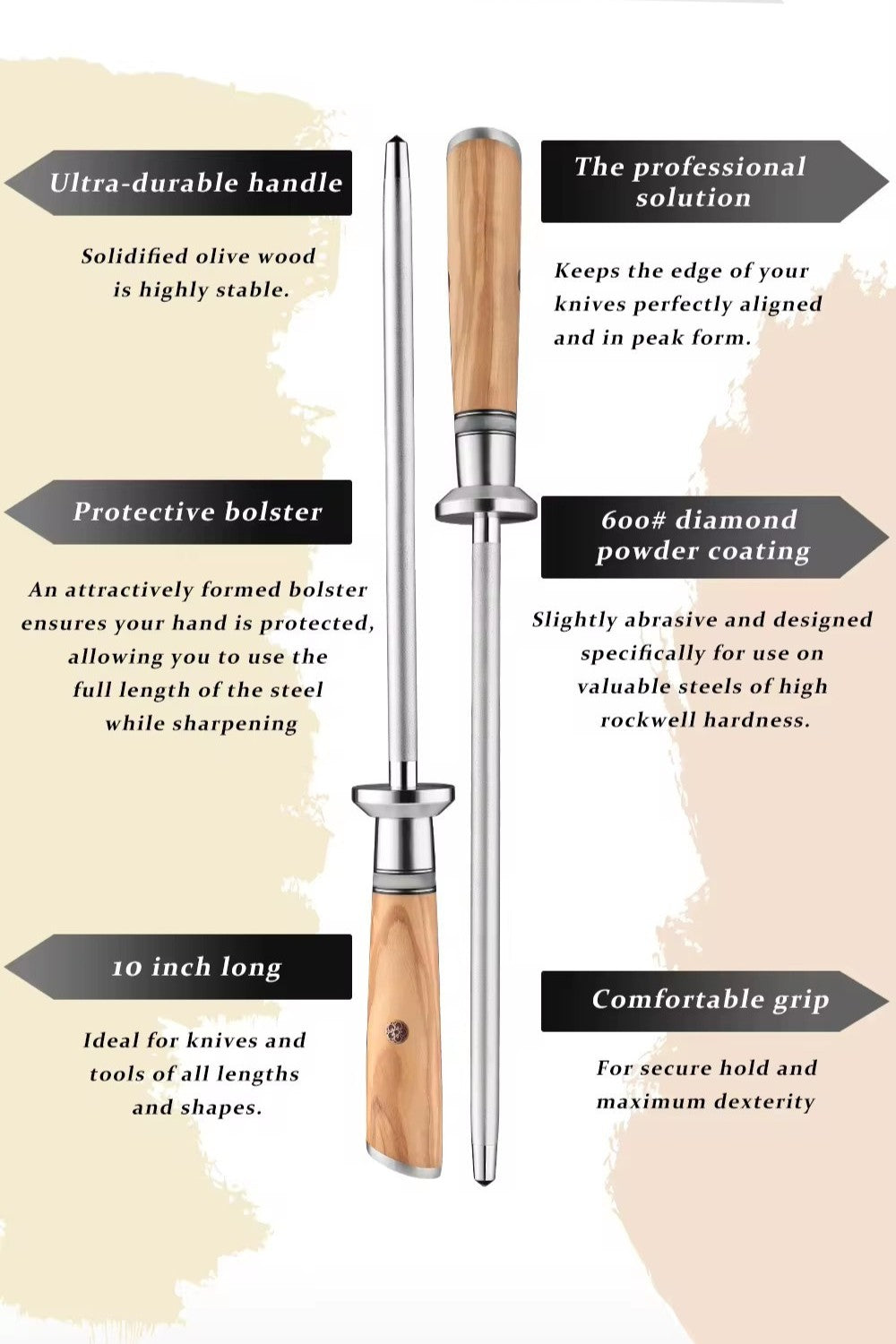 ARTIDGE 10" Diamond Sharpening Rod - 600 Grit Honing Professional Knife Sharpener with resin rim & Olive Wood Handle - Pure Series