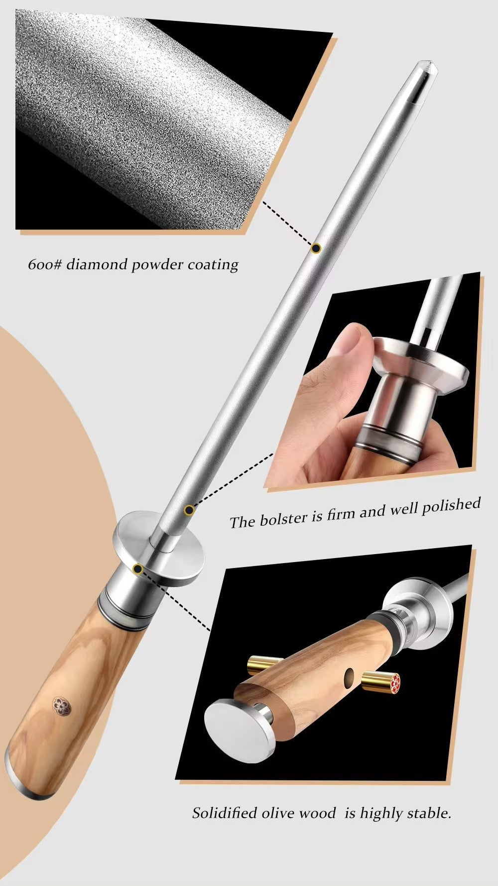 ARTIDGE 10" Diamond Sharpening Rod - 600 Grit Honing Professional Knife Sharpener with resin rim & Olive Wood Handle - Pure Series