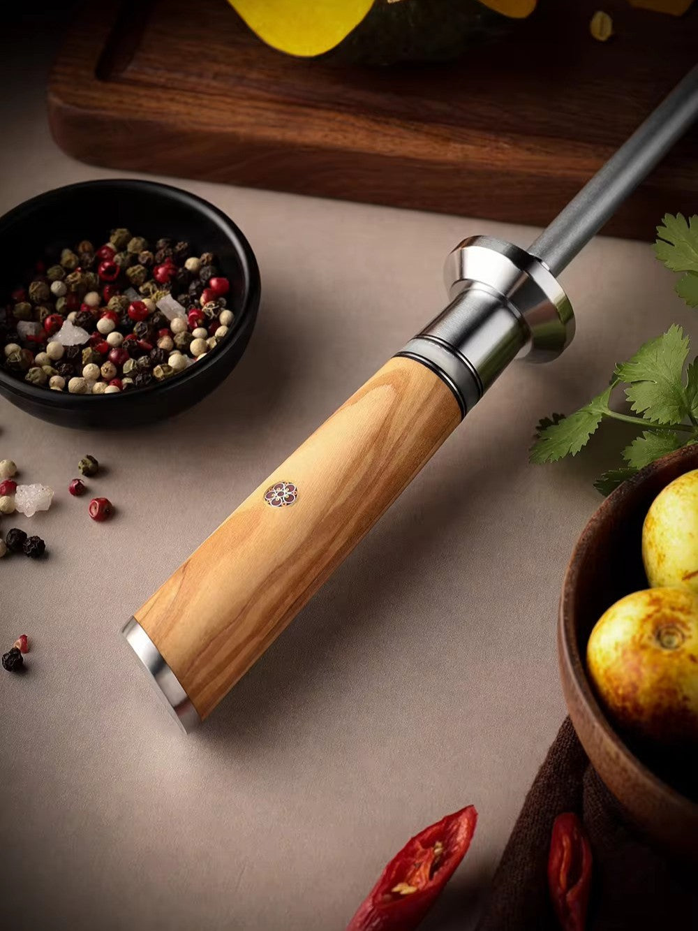 ARTIDGE 10" Diamond Sharpening Rod - 600 Grit Honing Professional Knife Sharpener with resin rim & Olive Wood Handle - Pure Series