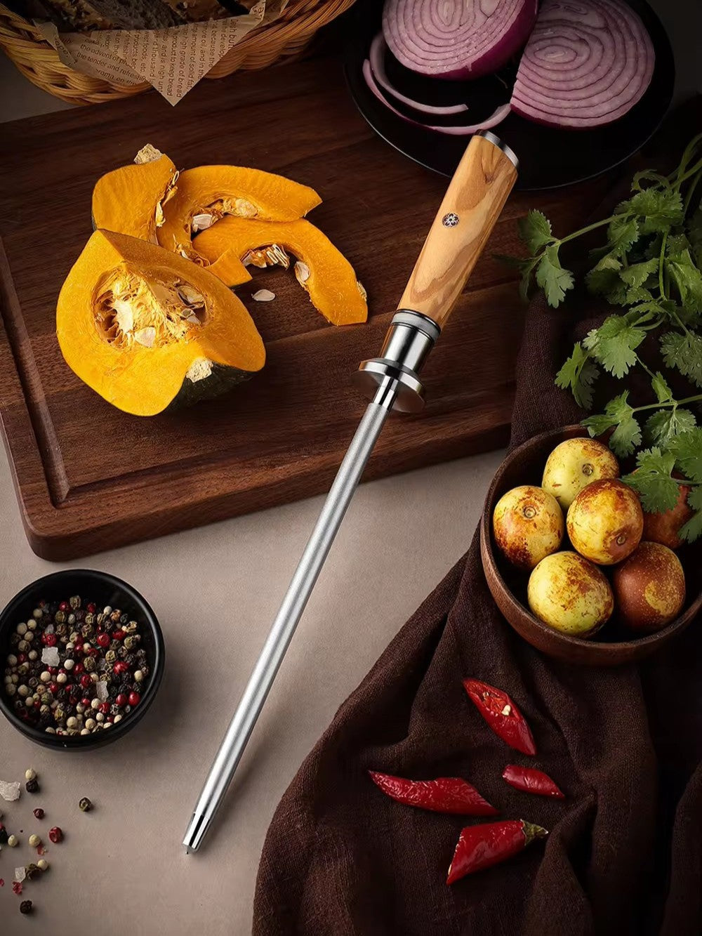 ARTIDGE 10" Diamond Sharpening Rod - 600 Grit Honing Professional Knife Sharpener with resin rim & Olive Wood Handle - Pure Series