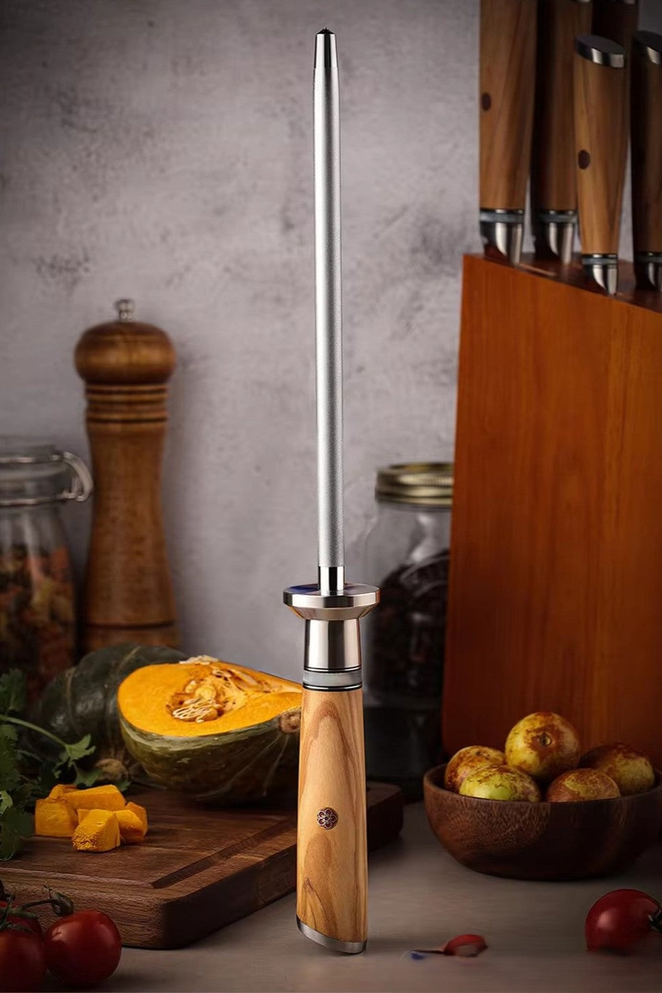 ARTIDGE 10" Diamond Sharpening Rod - 600 Grit Honing Professional Knife Sharpener with resin rim & Olive Wood Handle - Pure Series