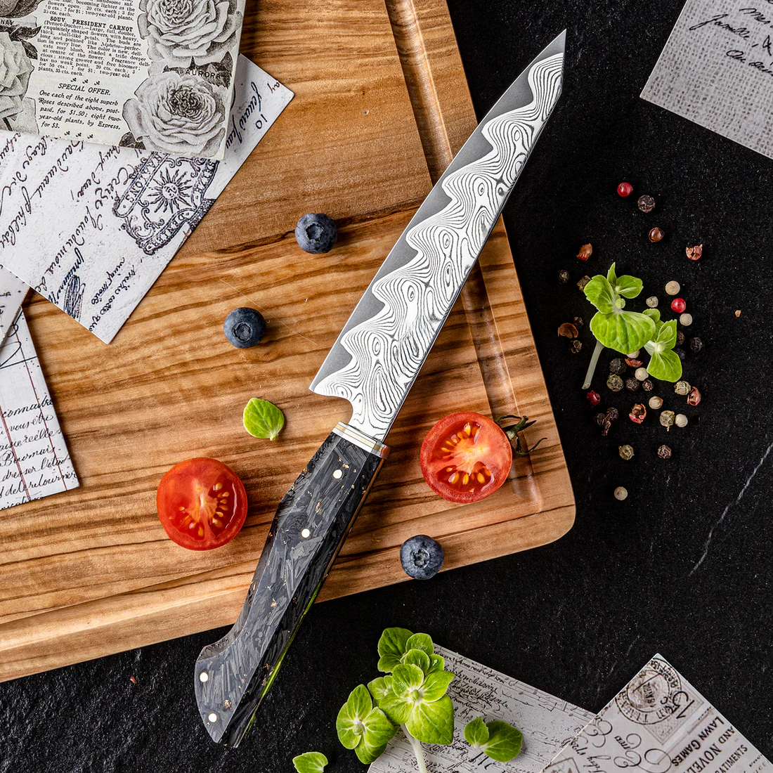 ARTIDGE 5.5" Utility Knife,67-Layer Damascus Steel with AUS-10 Japanese Steel Core, Ultra Sharp Kitchen Knife with Carbon Fiber & Gold-Foil Handle, 60±2 HRC, V-Shape Grinding Edge for Precision Cutting - Zest Series