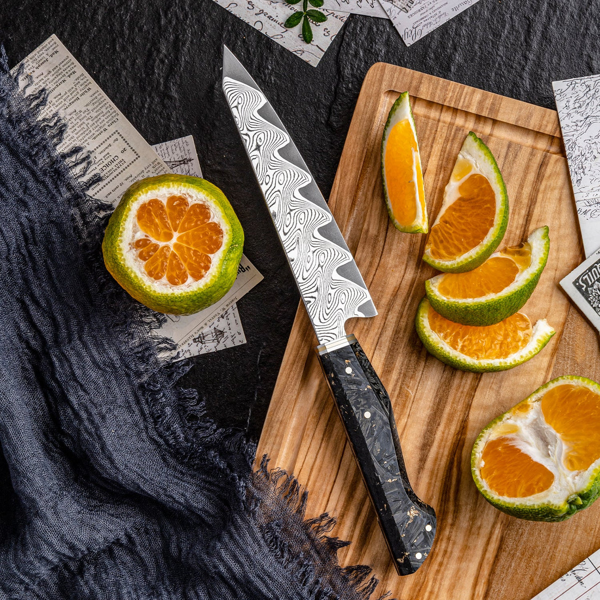 ARTIDGE 5.5" Utility Knife,67-Layer Damascus Steel with AUS-10 Japanese Steel Core, Ultra Sharp Kitchen Knife with Carbon Fiber & Gold-Foil Handle, 60±2 HRC, V-Shape Grinding Edge for Precision Cutting - Zest Series