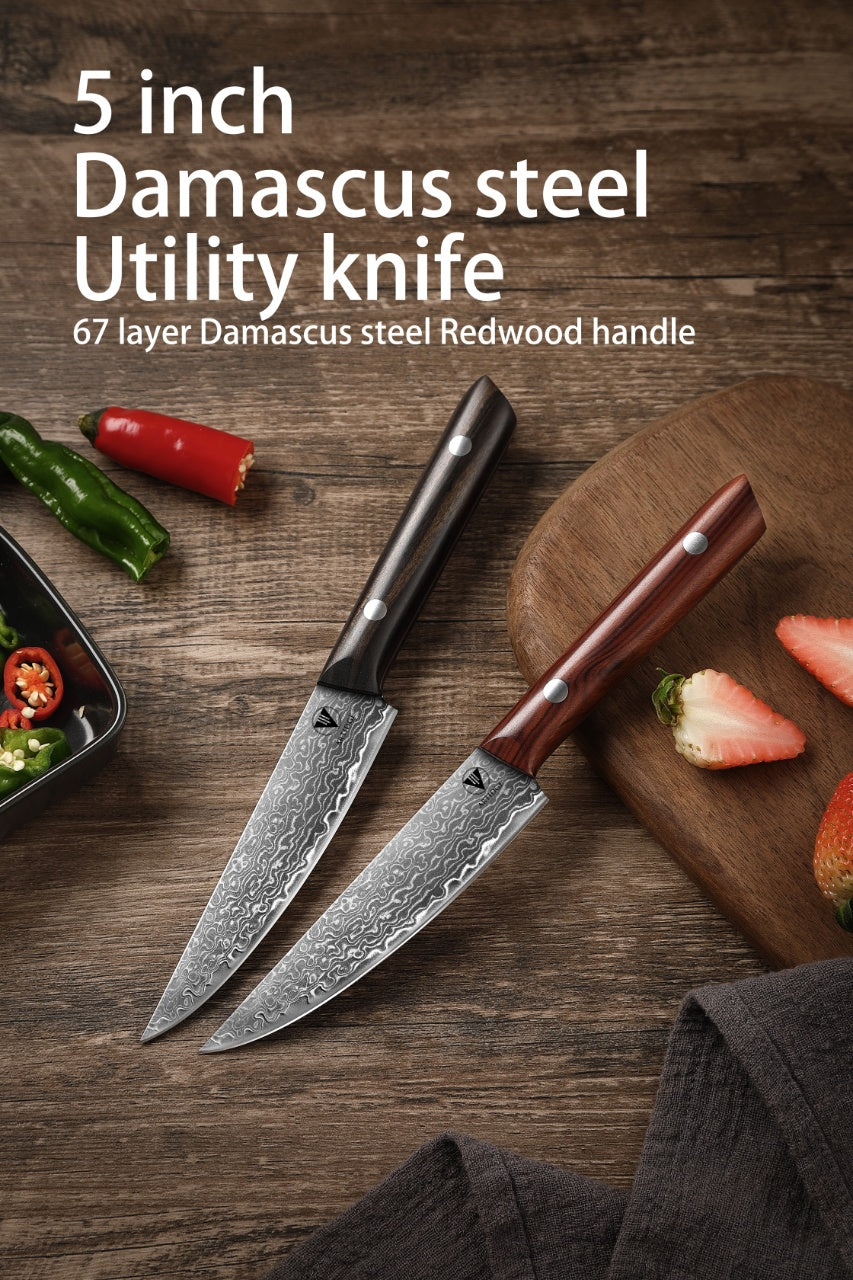 ARTIDGE 4.7" Utility Knife Damascus Steel Multi-Purpose Chef Knife - 67-Layer Forged Kitchen Knife with Natural Solid Wood Handle, 15° Double-Edged Blade, Ultra-Sharp & Durable-Sheng Series