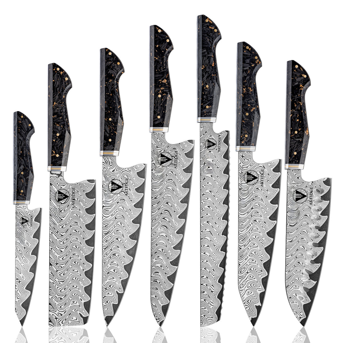 ARTIDGE Kitchen Knife Set,67-Layer Damascus Steel with AUS-10 Japanese Steel Core, Ultra Sharp Kitchen Knife with Carbon Fiber & Gold-Foil Handle, 60±2 HRC, V-Shape Grinding Edge for Precision Cutting - Zest Series